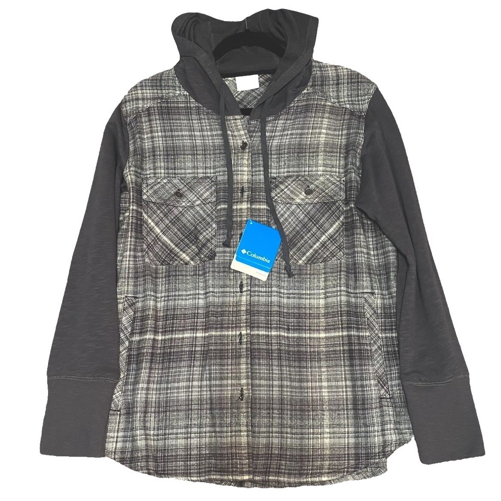 New Columbia Canyon Point Camp Shirt Jacket Womens L Gray Plaid Outdoor Hiking